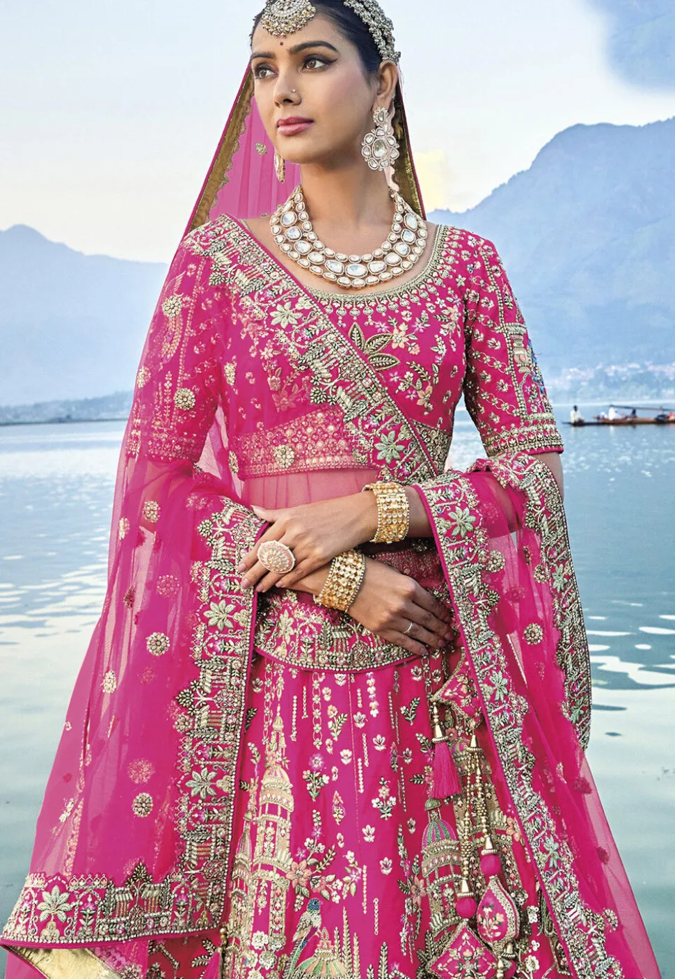 Embroidered Art Silk Lehenga in Pink