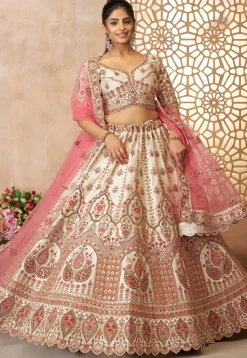 Embroidered Art Silk Lehenga in Off White