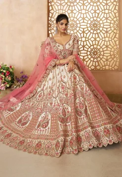 Embroidered Art Silk Lehenga in Off White