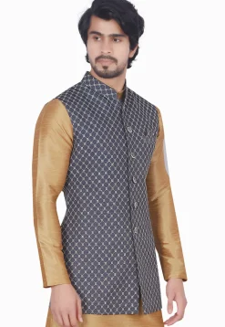 Embroidered Art Silk Long Nehru Jacket in Navy Blue