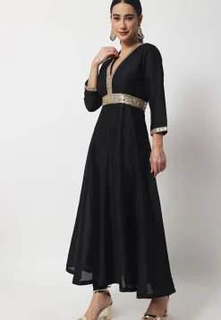 Embroidered Art Silk Long Kurta Set in Black
