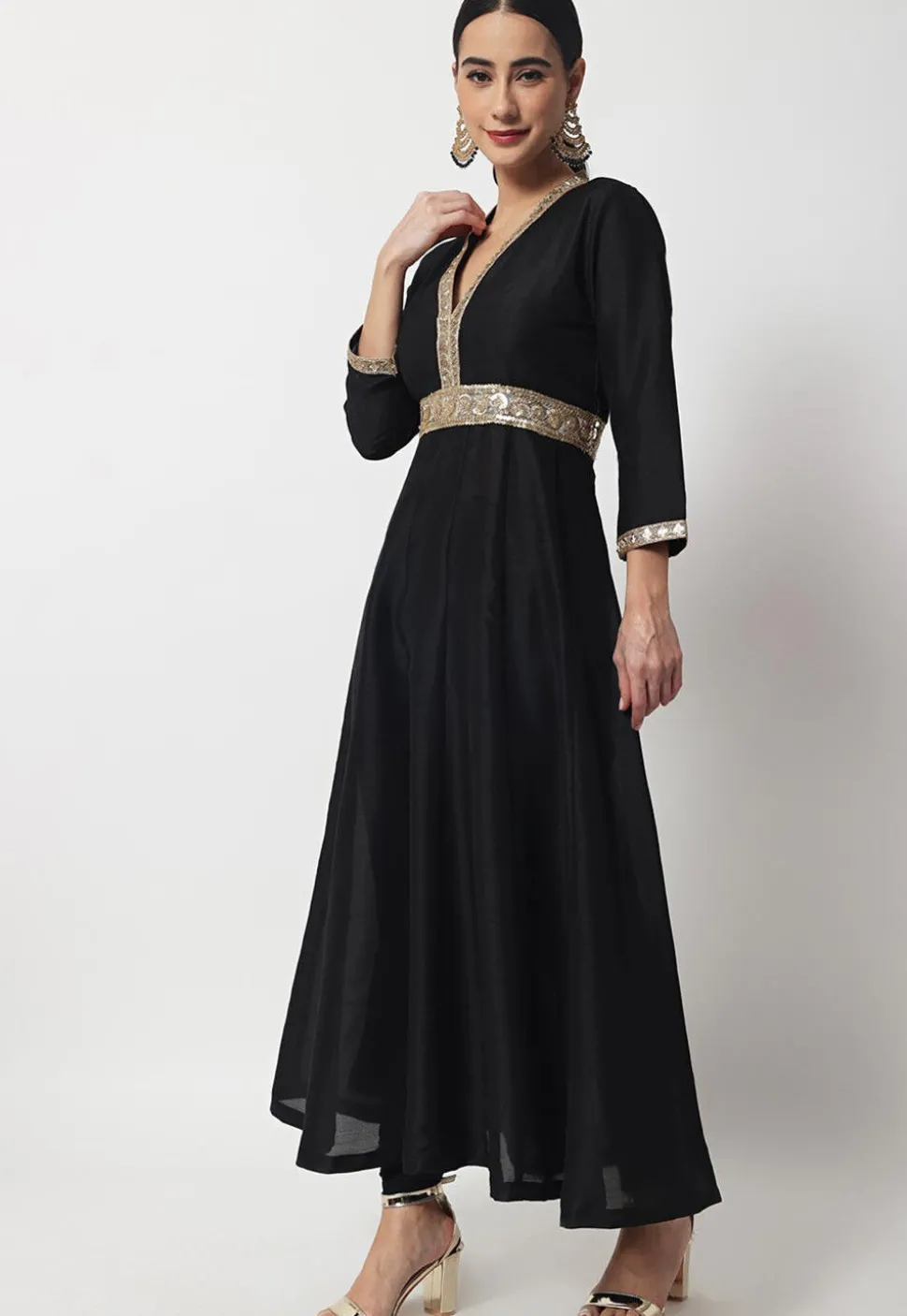 Embroidered Art Silk Long Kurta Set in Black