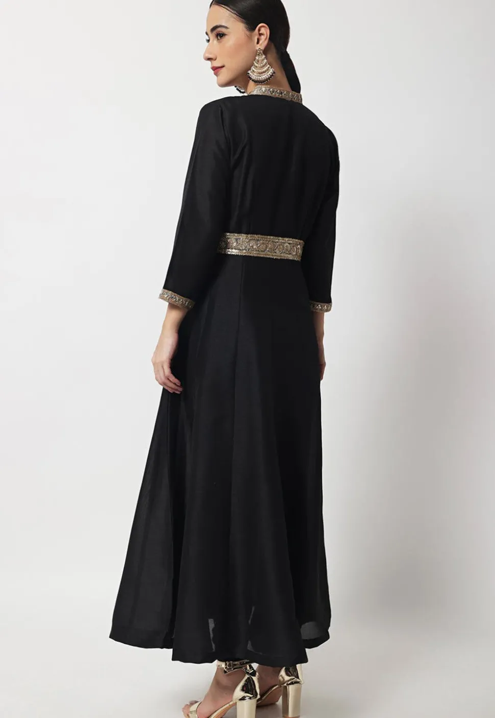 Embroidered Art Silk Long Kurta Set in Black