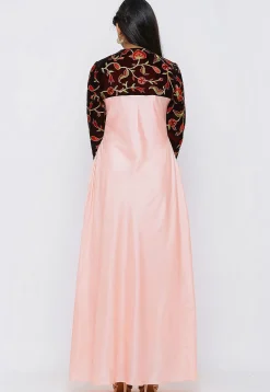 Embroidered Art Silk Maxi Dress in Peach