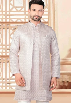Embroidered Art Silk Nehru Jacket in Peach