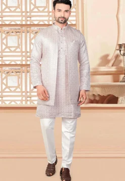 Embroidered Art Silk Nehru Jacket in Peach