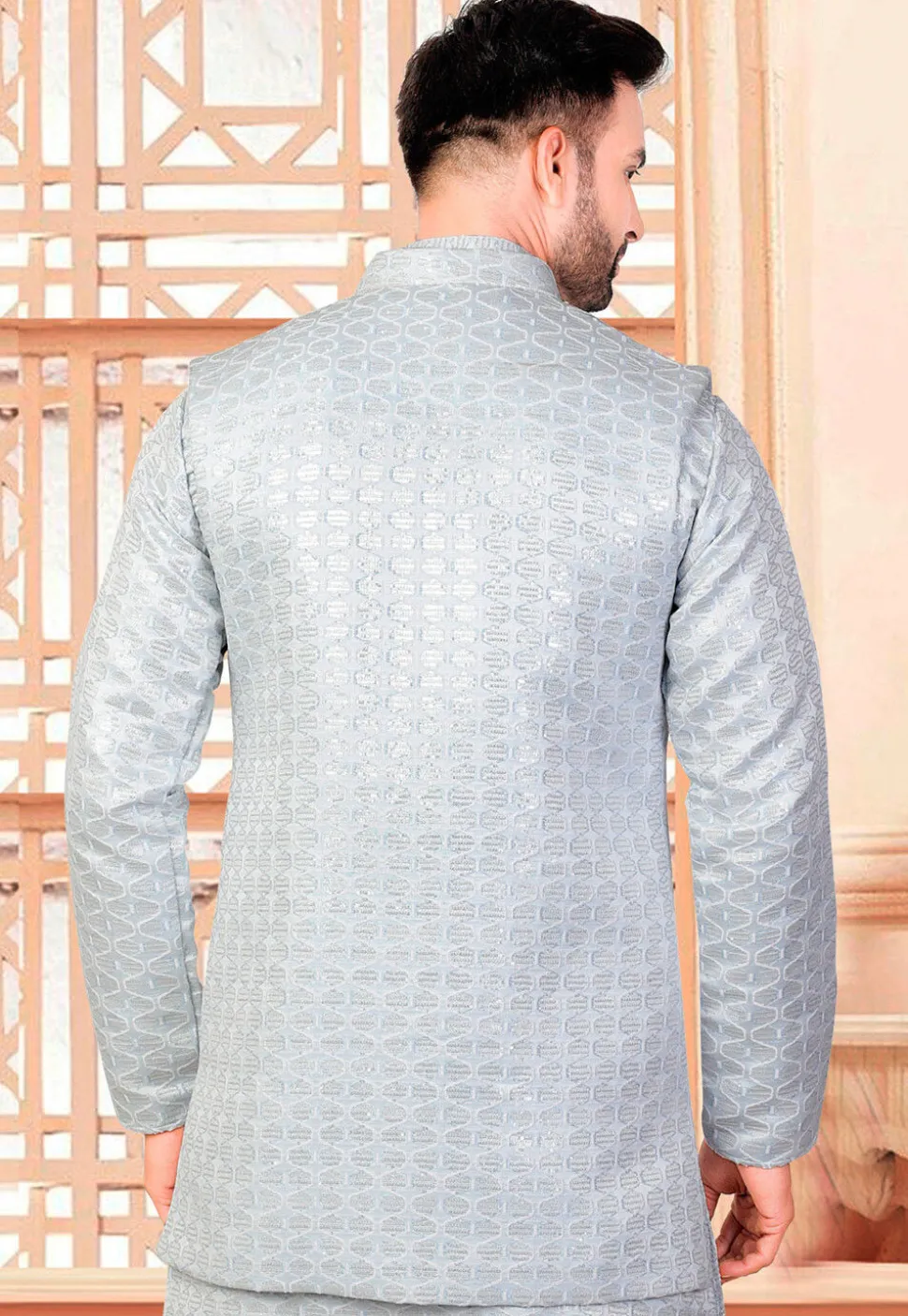 Embroidered Art Silk Nehru Jacket in Light Blue
