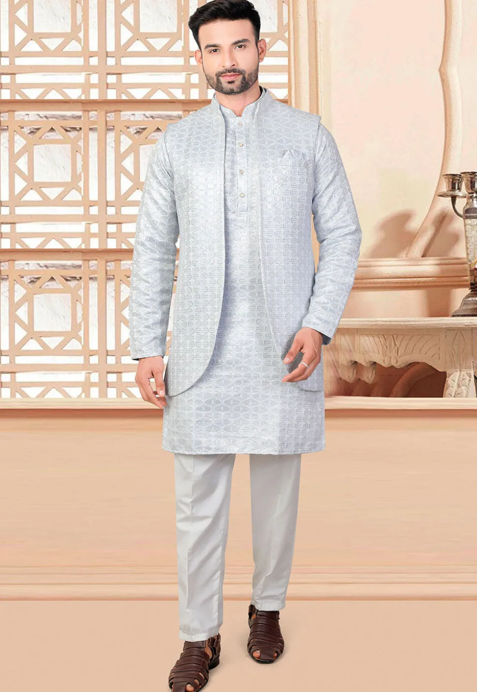 Embroidered Art Silk Nehru Jacket in Light Blue