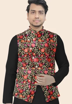 Embroidered Art Silk Nehru Jacket in Black