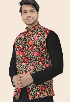 Embroidered Art Silk Nehru Jacket in Black