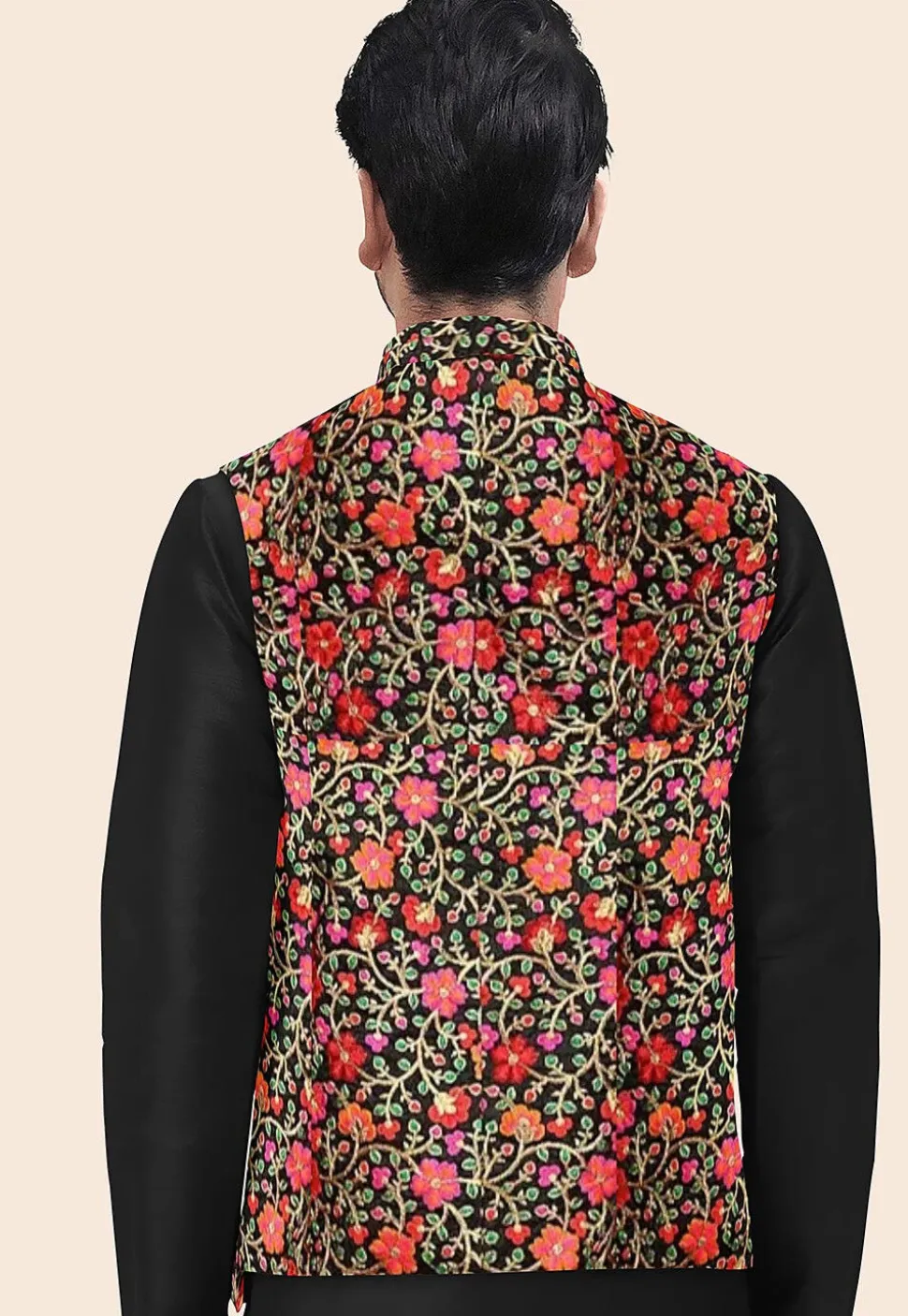 Embroidered Art Silk Nehru Jacket in Black