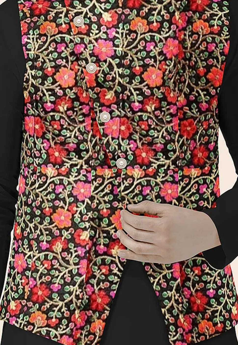 Embroidered Art Silk Nehru Jacket in Black