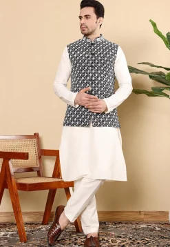 Embroidered Art Silk Nehru Jacket in Black