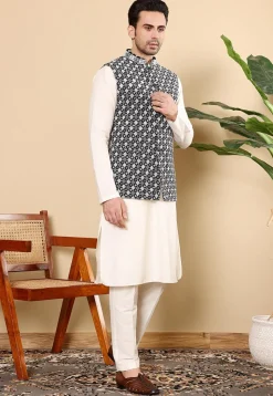 Embroidered Art Silk Nehru Jacket in Black