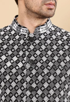 Embroidered Art Silk Nehru Jacket in Black