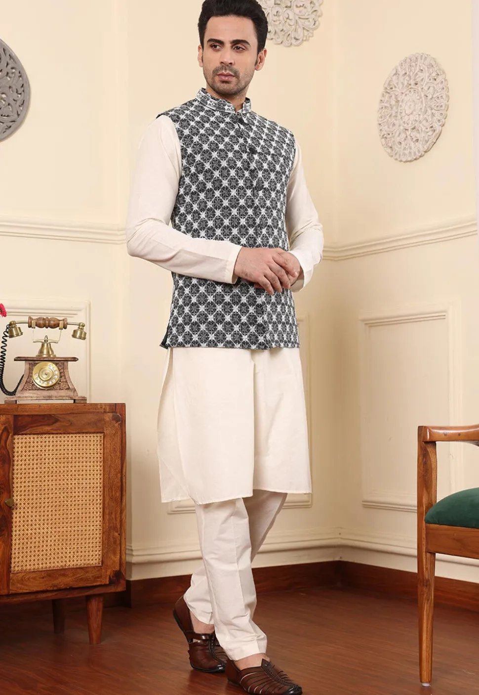 Embroidered Art Silk Nehru Jacket in Black