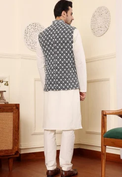 Embroidered Art Silk Nehru Jacket in Black