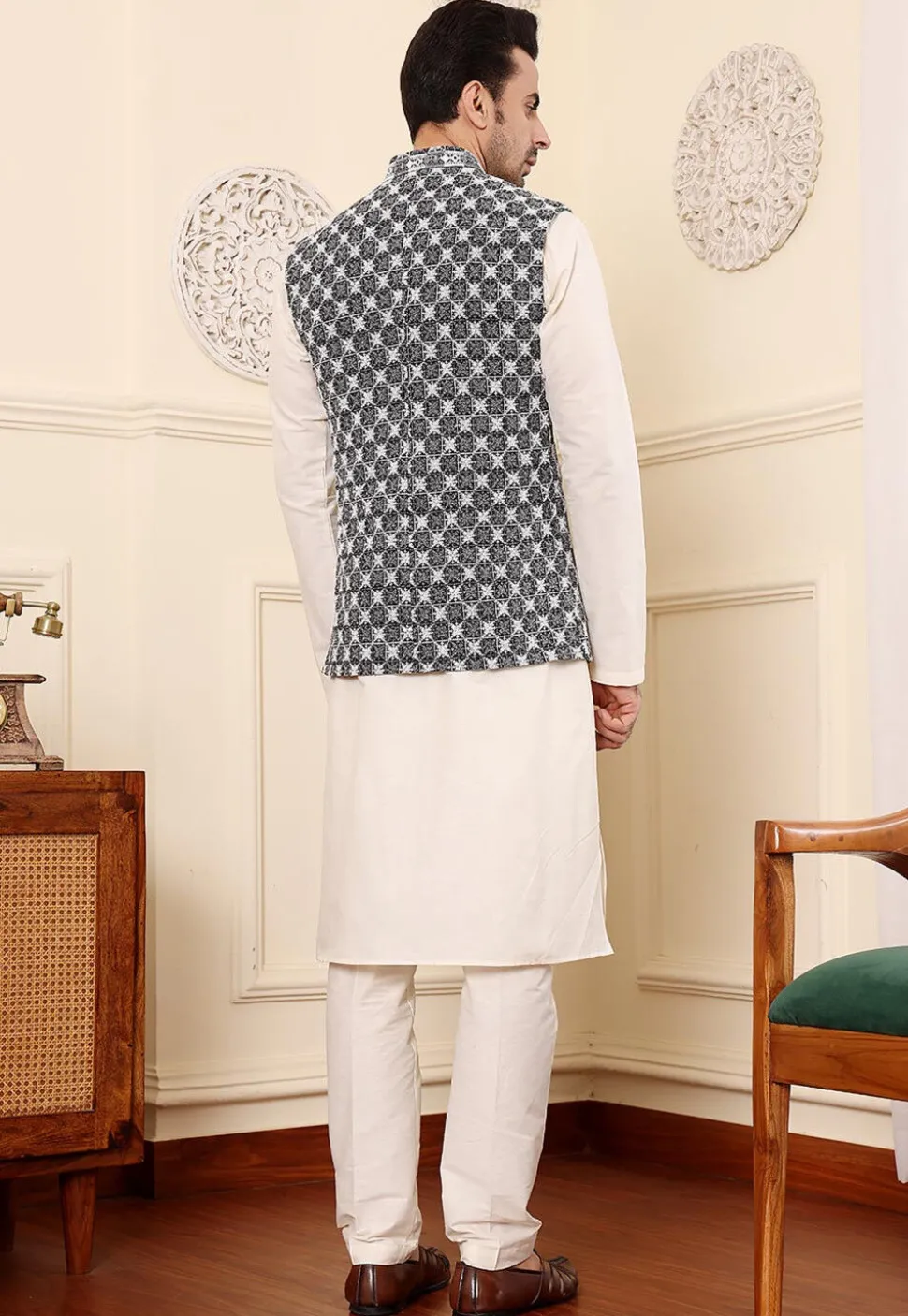 Embroidered Art Silk Nehru Jacket in Black