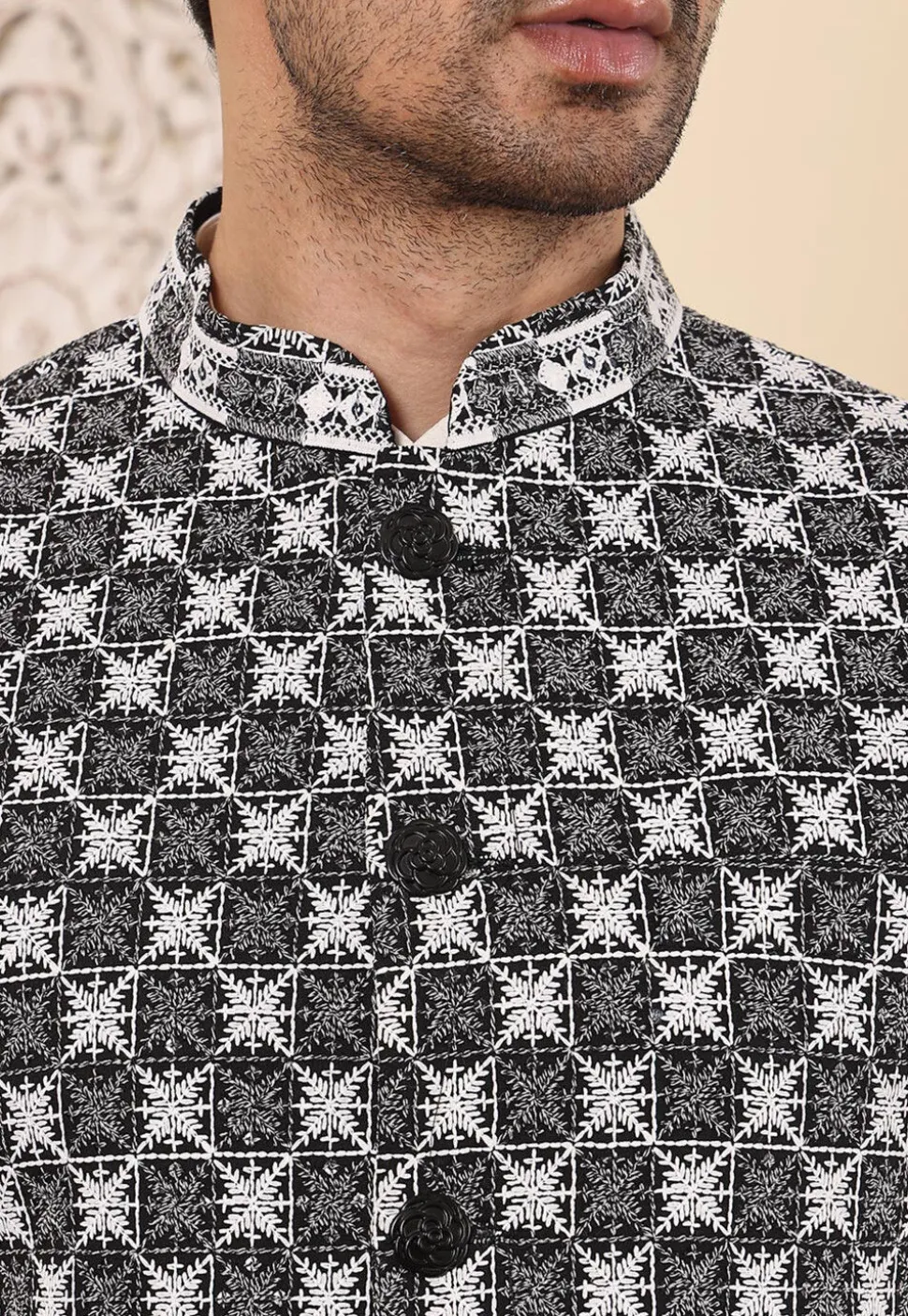 Embroidered Art Silk Nehru Jacket in Black