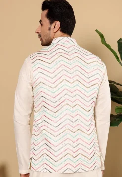 Embroidered Art Silk Nehru Jacket in Cream