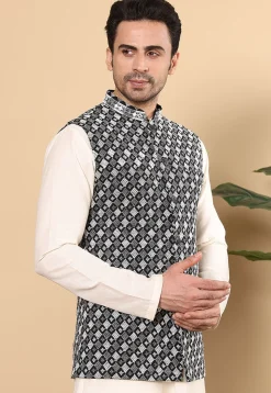 Embroidered Art Silk Nehru Jacket in Black
