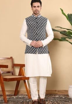 Embroidered Art Silk Nehru Jacket in Black
