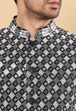 Embroidered Art Silk Nehru Jacket in Black