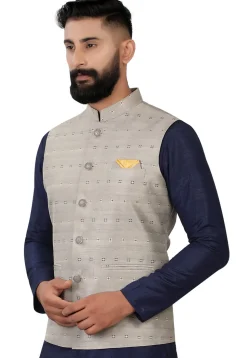 Embroidered Art Silk Nehru Jacket in Grey