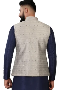Embroidered Art Silk Nehru Jacket in Grey