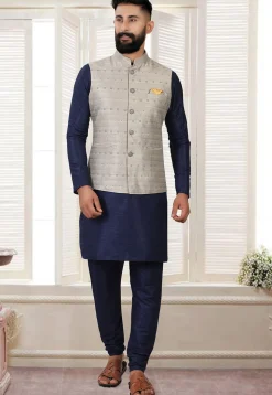 Embroidered Art Silk Nehru Jacket in Grey