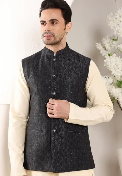 Embroidered Art Silk Nehru Jacket in Black