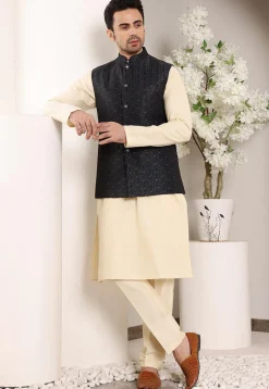 Embroidered Art Silk Nehru Jacket in Black