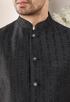 Embroidered Art Silk Nehru Jacket in Black
