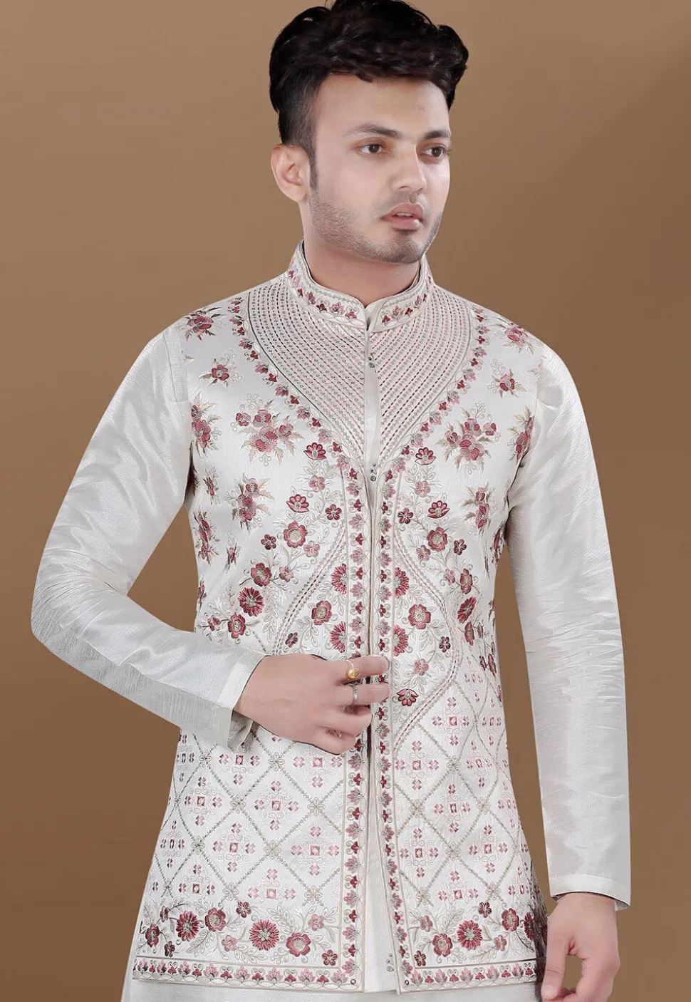 Embroidered Art Silk Nehru Jacket in Cream