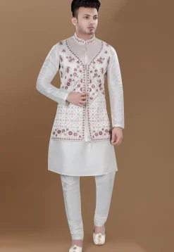 Embroidered Art Silk Nehru Jacket in Cream