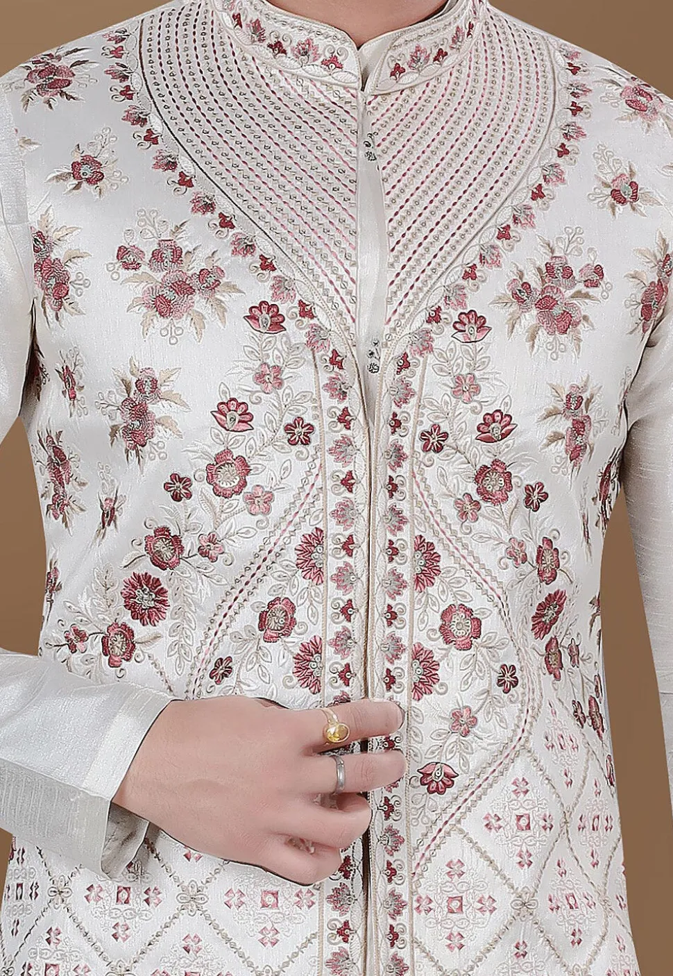 Embroidered Art Silk Nehru Jacket in Cream