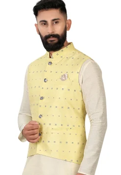Embroidered Art Silk Nehru Jacket in Light Yellow