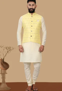Embroidered Art Silk Nehru Jacket in Light Yellow
