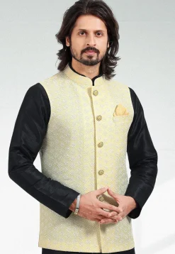 Embroidered Art Silk Nehru Jacket in Yellow