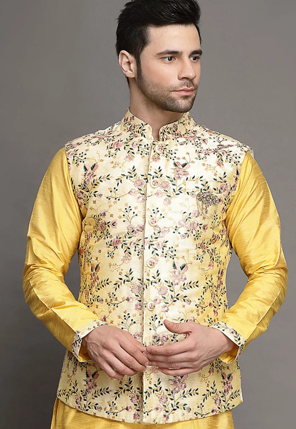Embroidered Art Silk Nehru Jacket in Cream