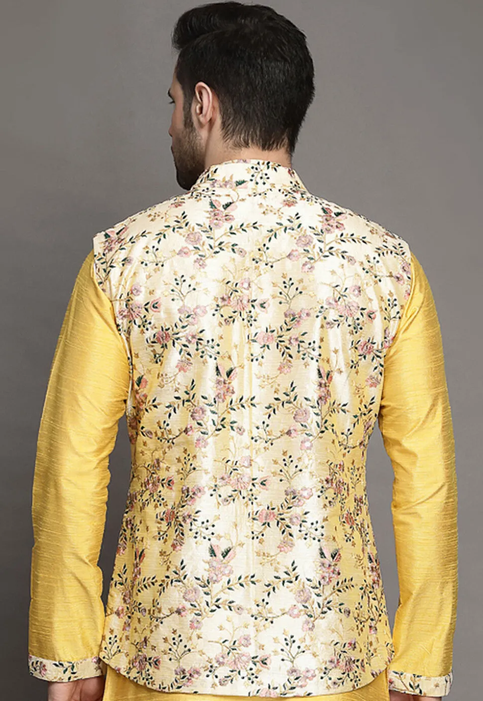Embroidered Art Silk Nehru Jacket in Cream