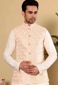 Embroidered Art Silk Nehru Jacket in Light Peach