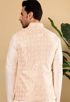 Embroidered Art Silk Nehru Jacket in Light Peach