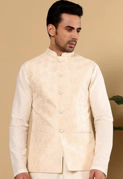 Embroidered Art Silk Nehru Jacket in Light Beige