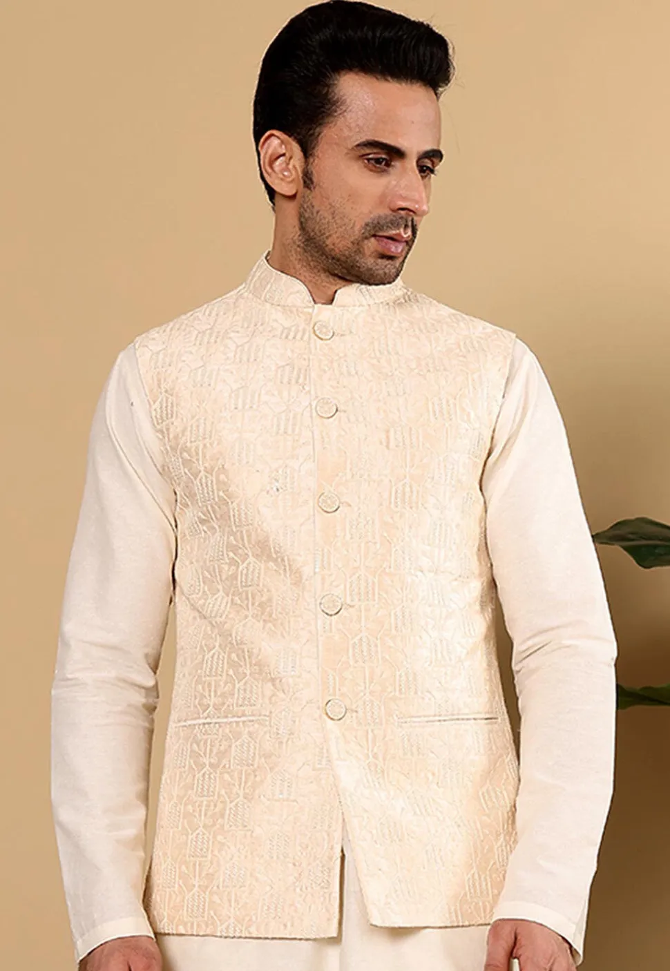 Embroidered Art Silk Nehru Jacket in Light Beige