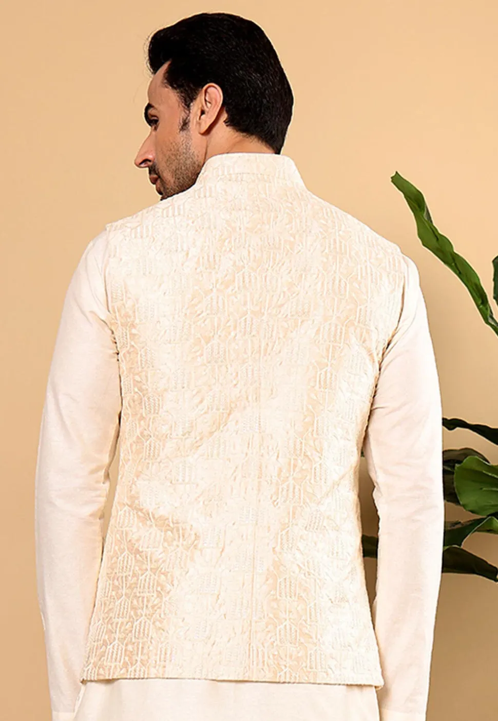 Embroidered Art Silk Nehru Jacket in Light Beige