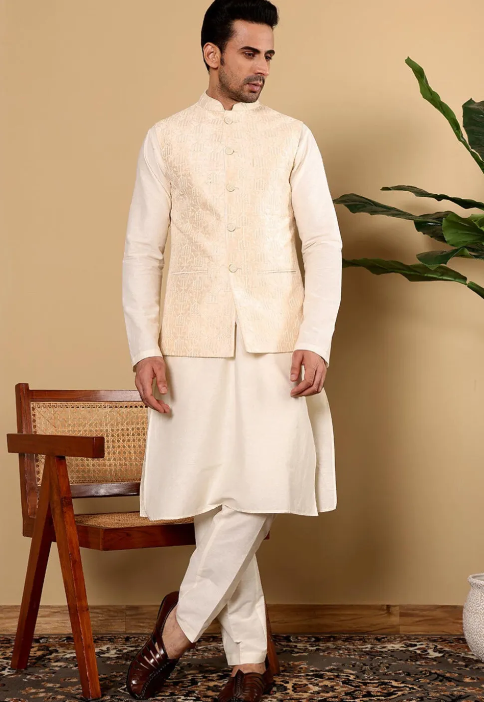 Embroidered Art Silk Nehru Jacket in Light Beige