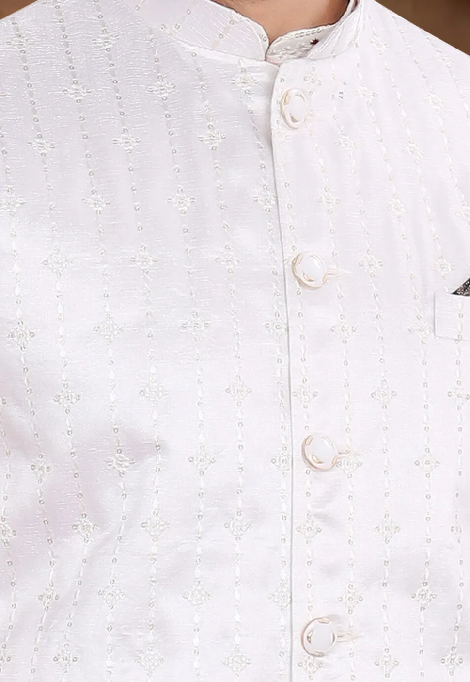 Embroidered Art Silk Nehru Jacket in Off White