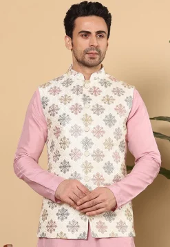 Embroidered Art Silk Nehru Jacket in Off White