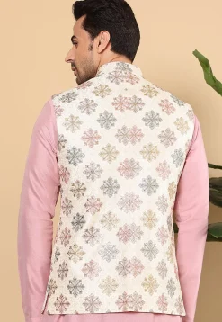 Embroidered Art Silk Nehru Jacket in Off White